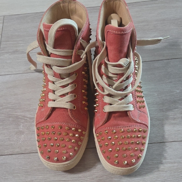 Christian Louboutin Pink High-Top Sneakers with Gold Studs